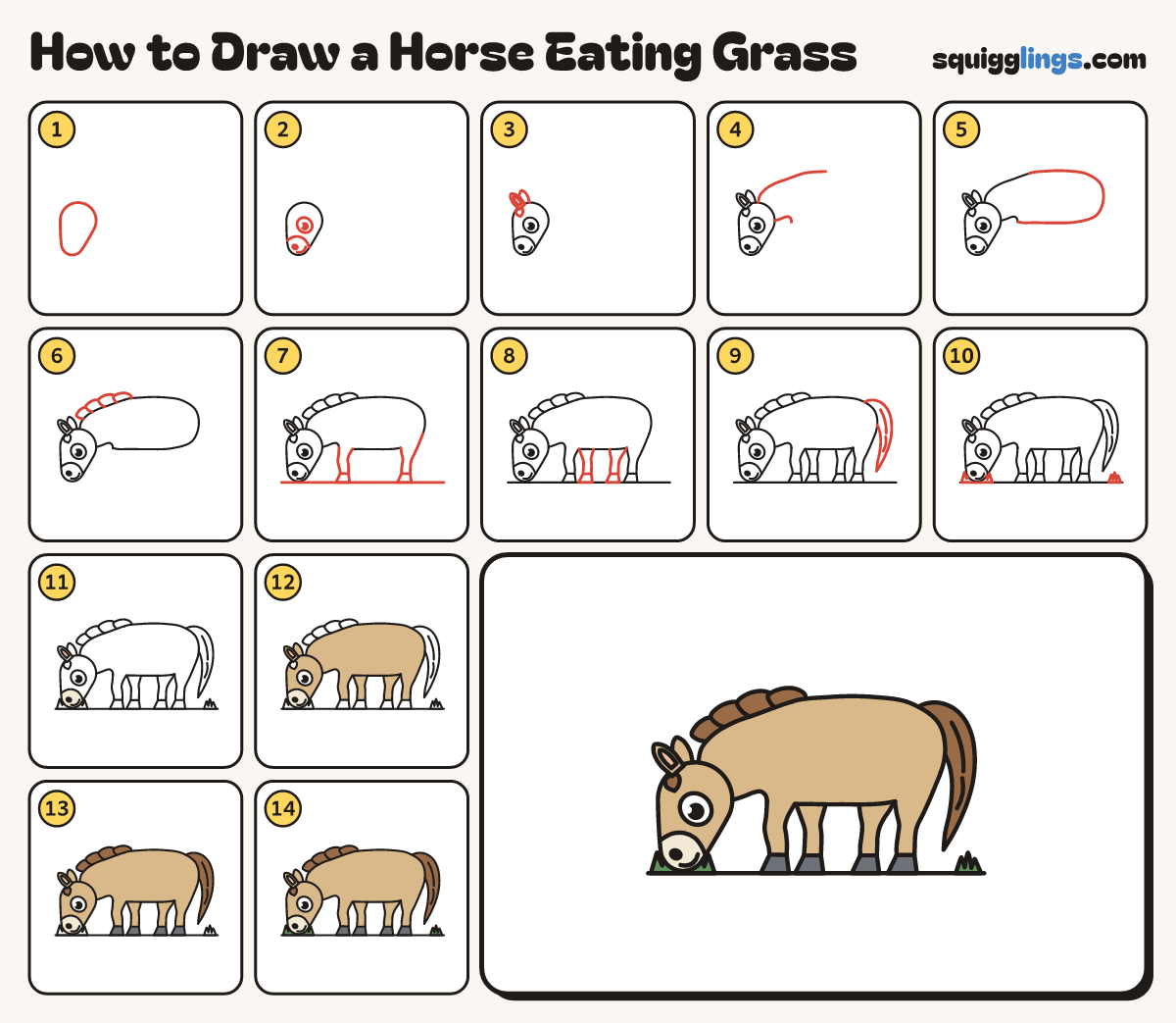How to Draw a Horse Eating Grass step by step: all 14 steps in one picture