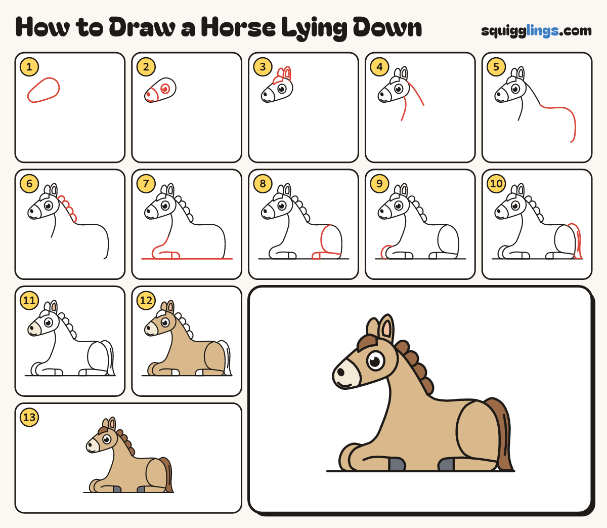 How to Draw a Horse Lying Down step by step: all 13 steps in one picture