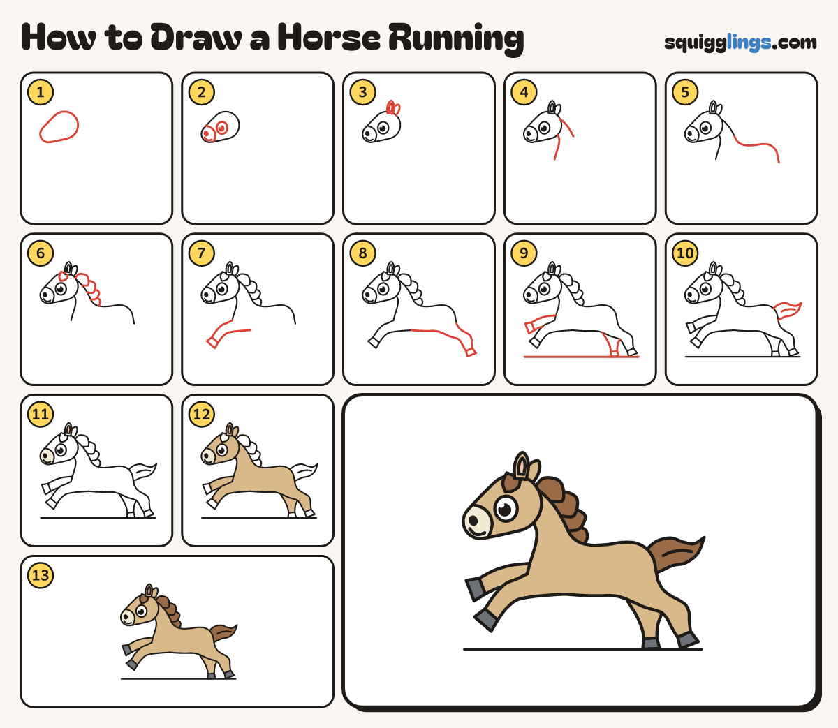 How to Draw a Horse Running step by step: all 13 steps in one picture