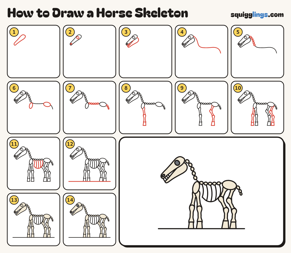How to Draw a Horse Skeleton step by step: all 14 steps in one picture