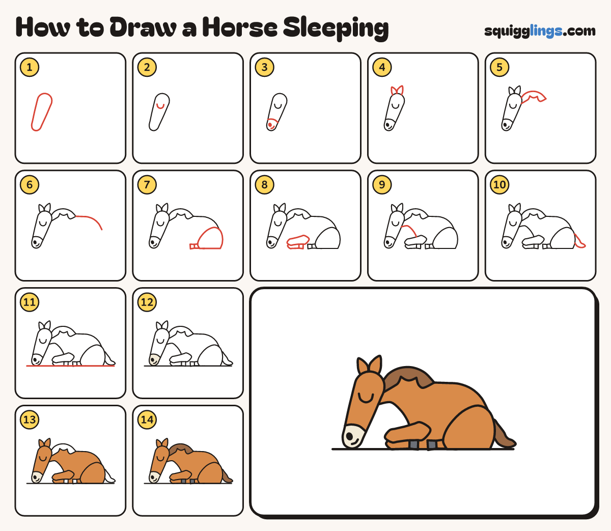 How to Draw a Horse Sleeping step by step: all 14 steps in one picture