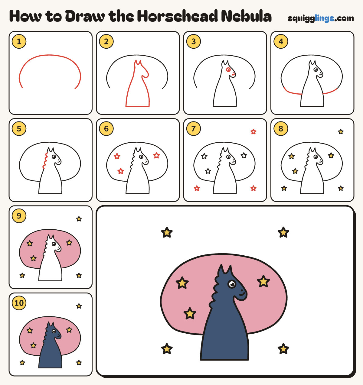 How to Draw the Horsehead Nebula step by step: all 10 steps in one picture