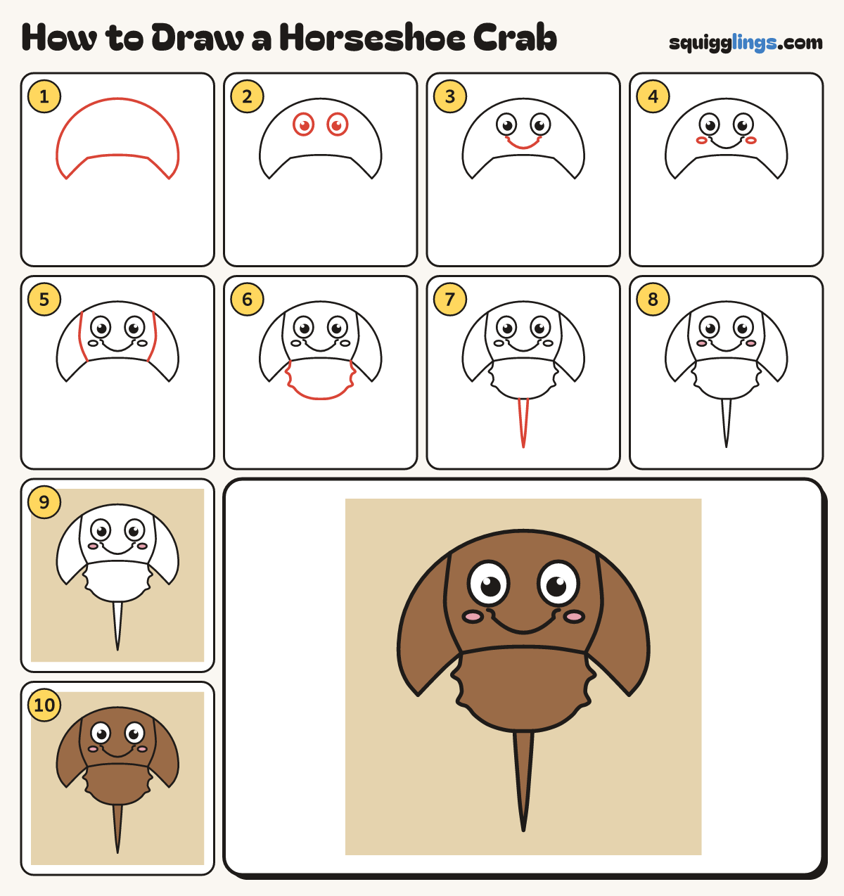 How to Draw a Horseshoe Crab step by step: all 10 steps in one picture