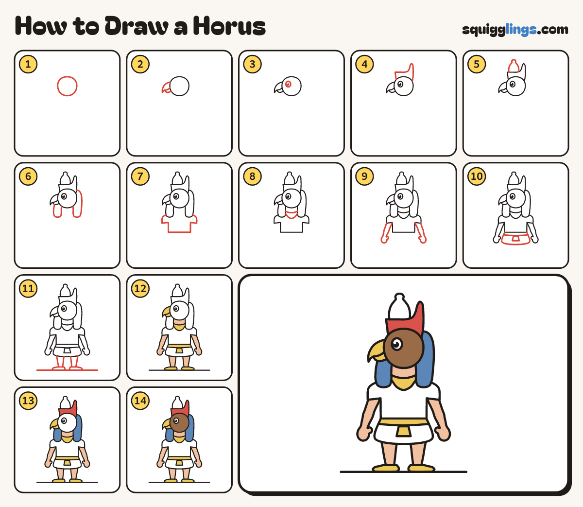 How to Draw a Horus step by step: all 14 steps in one picture