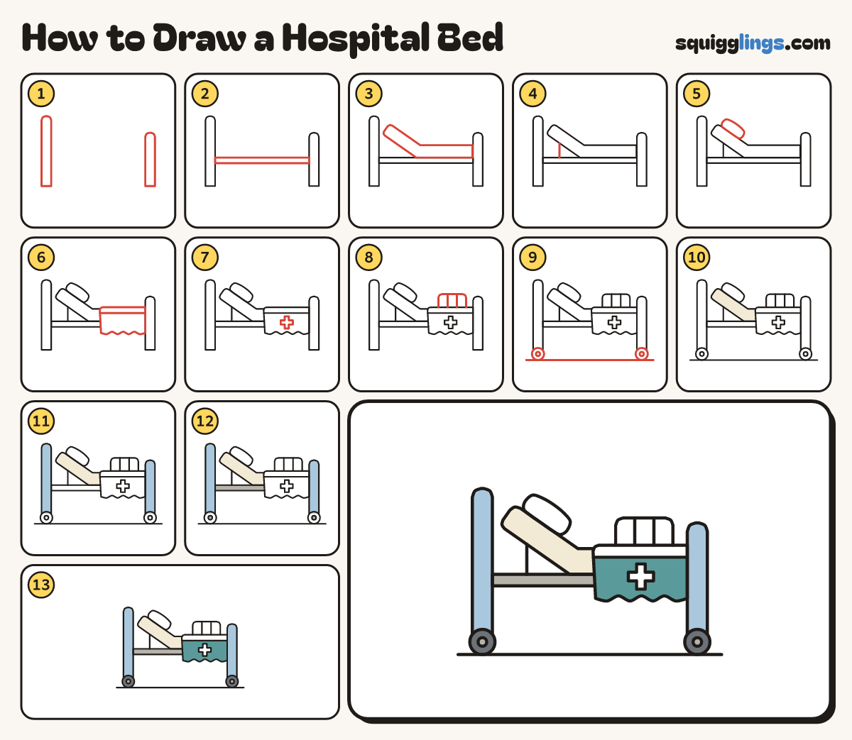 How to Draw a Hospital Bed step by step: all 13 steps in one picture