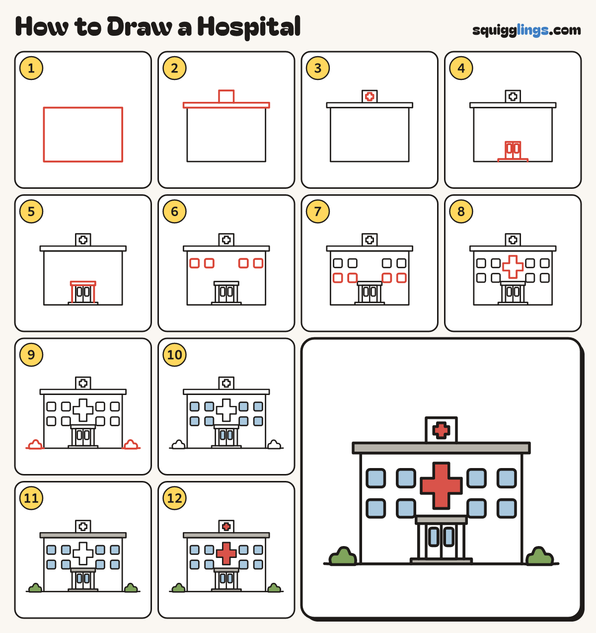 How to Draw a Hospital step by step: all 12 steps in one picture