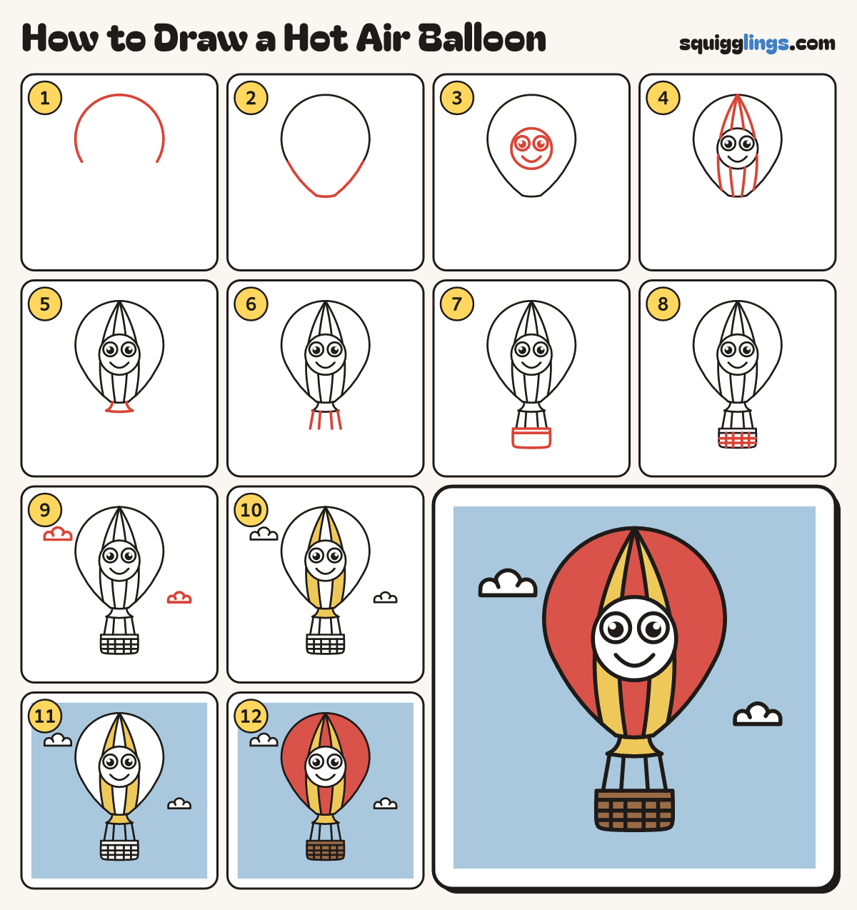 How to Draw a Hot Air Balloon step by step: all 12 steps in one picture
