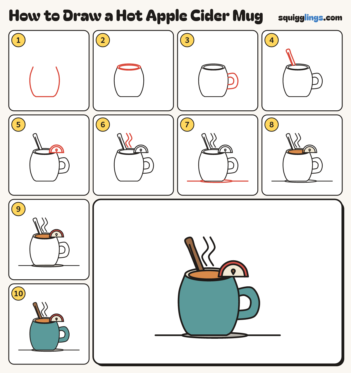 How to Draw a Hot Apple Cider Mug step by step: all 10 steps in one picture