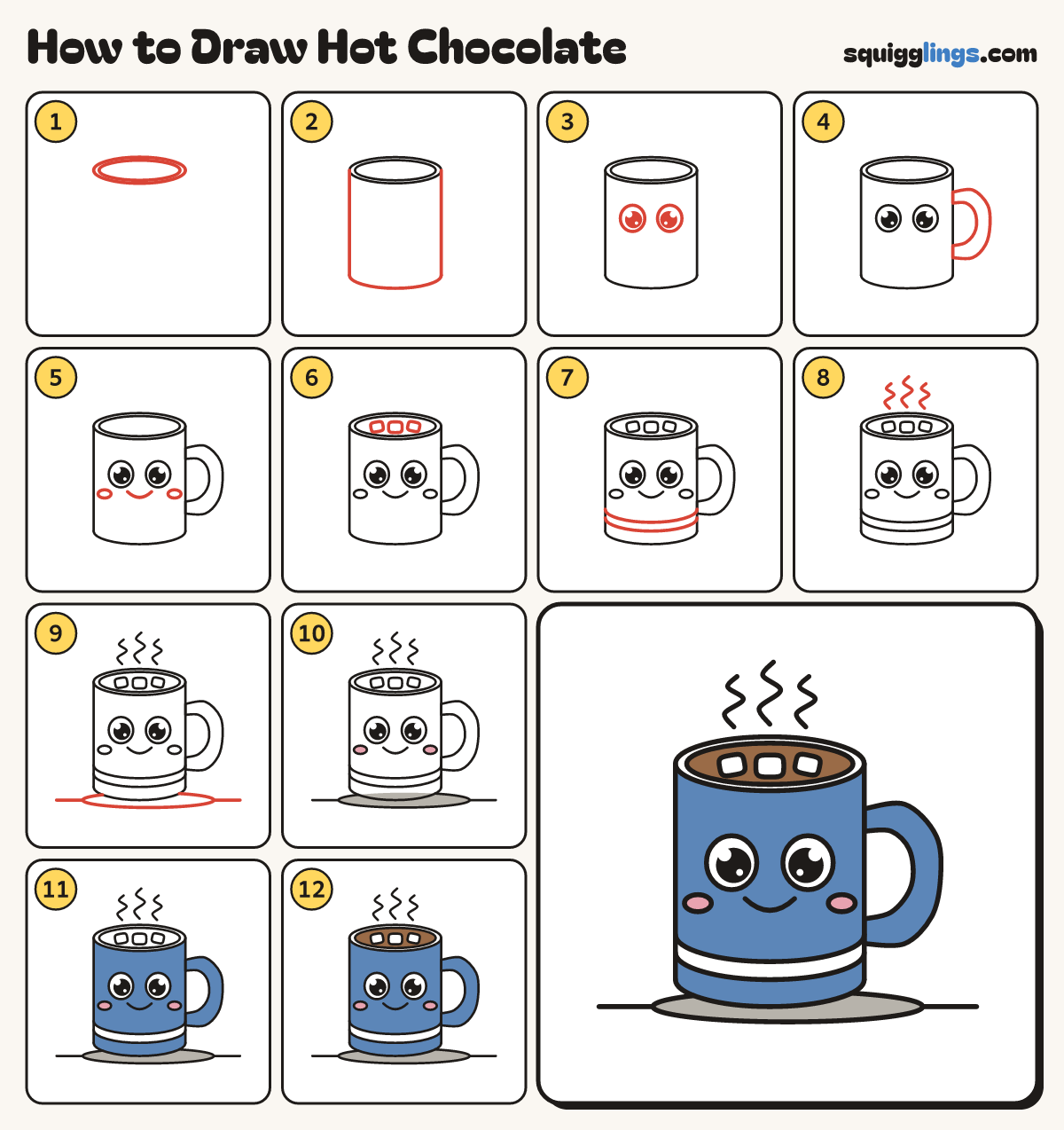 How to Draw Hot Chocolate step by step: all 12 steps in one picture