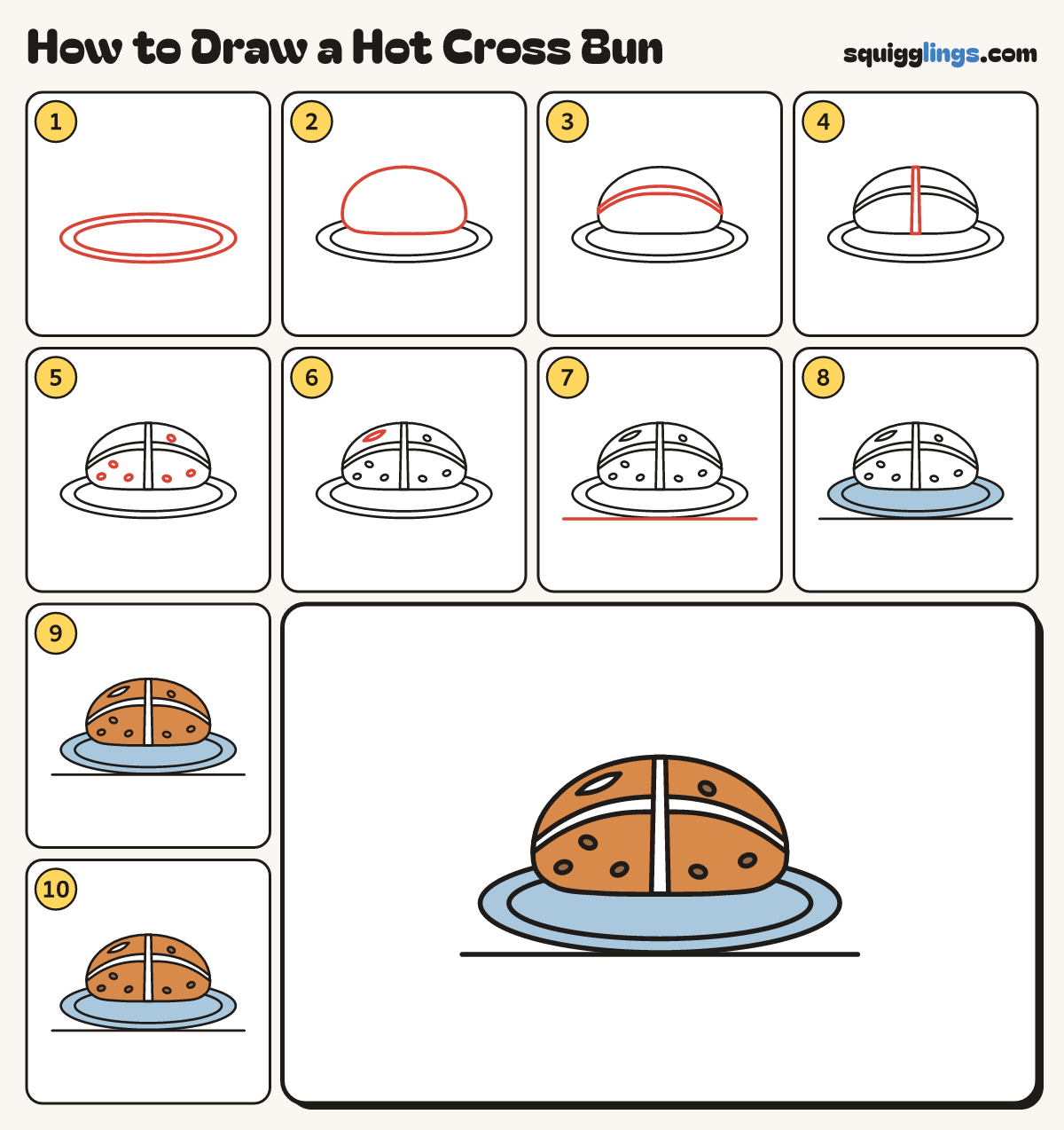 How to Draw a Hot Cross Bun step by step: all 10 steps in one picture