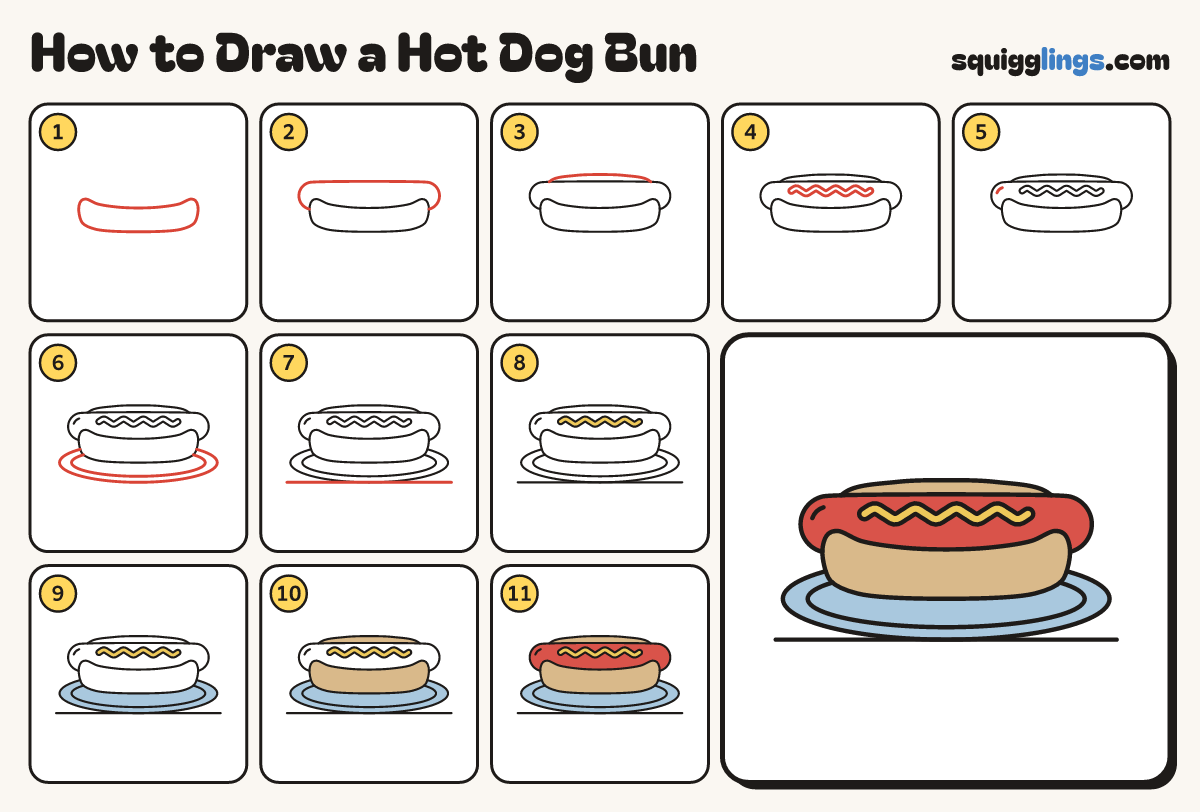 How to Draw a Hot Dog Bun step by step: all 11 steps in one picture