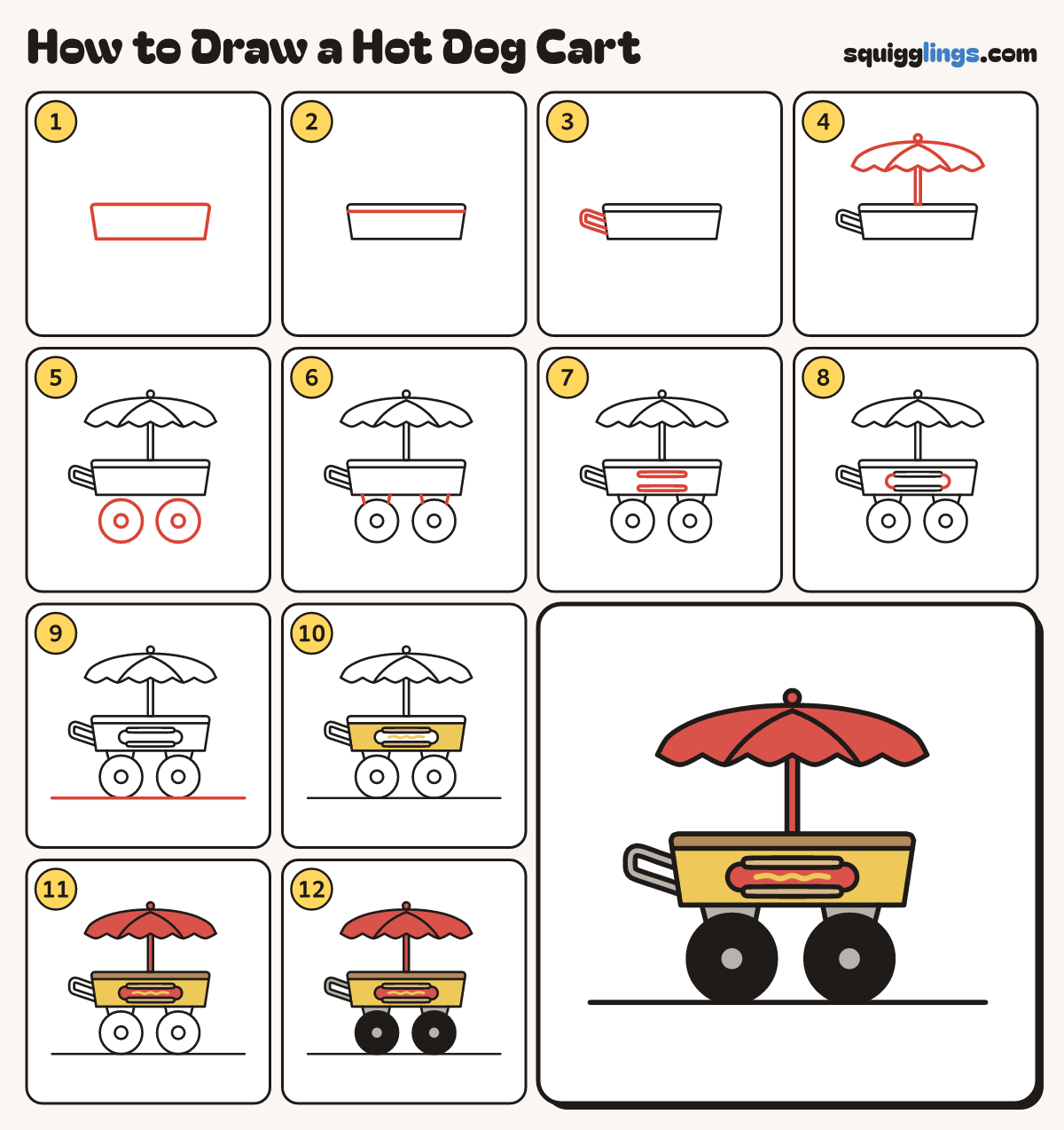 How to Draw a Hot Dog Cart step by step: all 12 steps in one picture