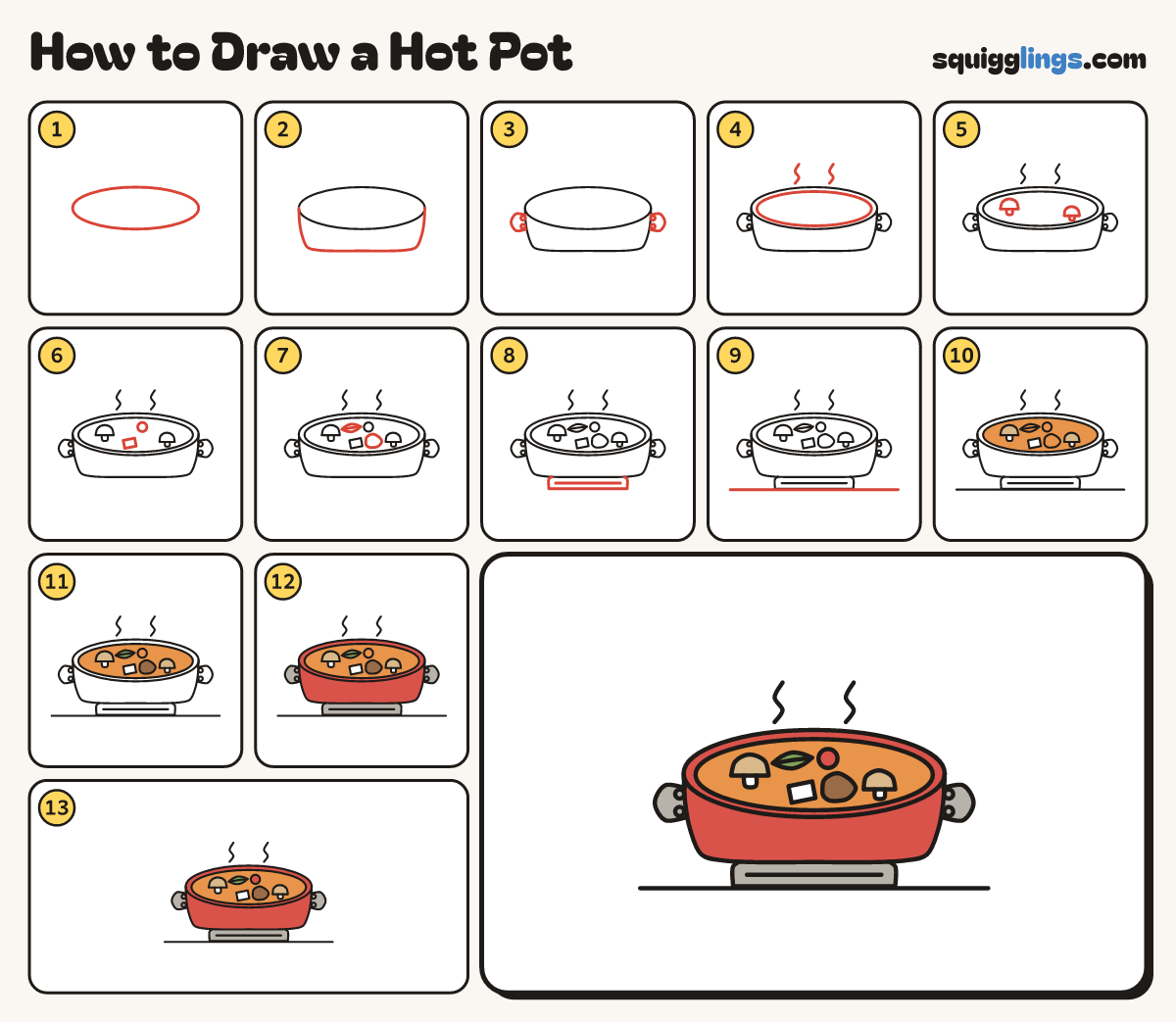 How to Draw a Hot Pot step by step: all 13 steps in one picture
