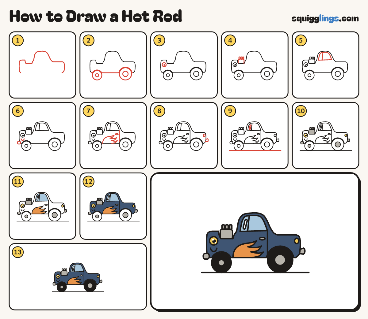 How to Draw a Hot Rod step by step: all 13 steps in one picture