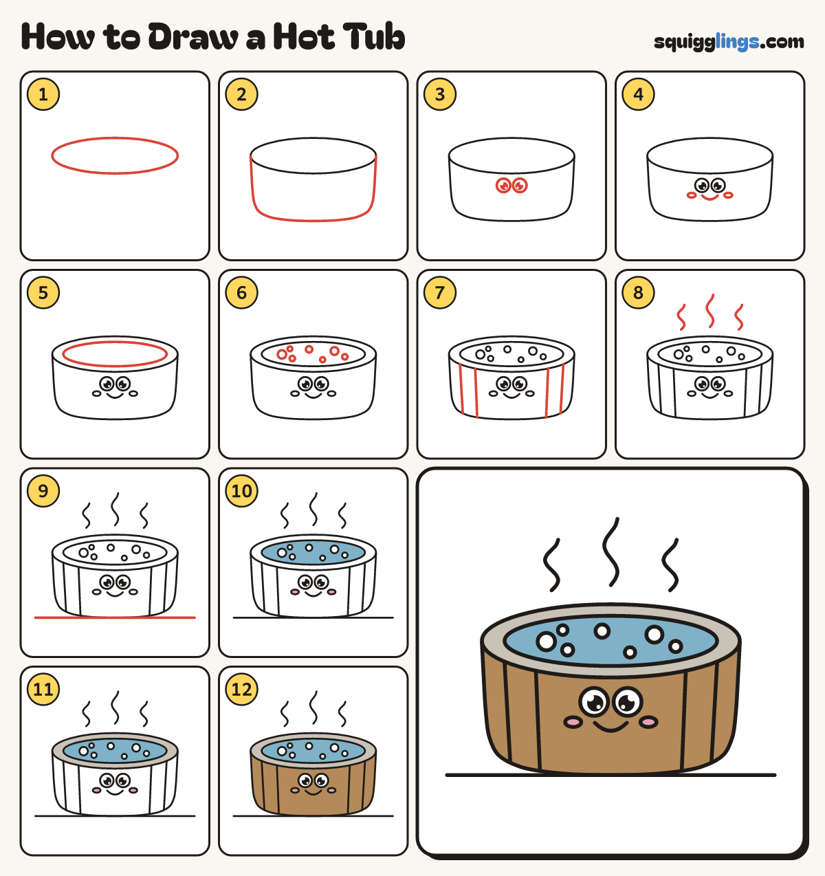 How to Draw a Hot Tub step by step: all 12 steps in one picture
