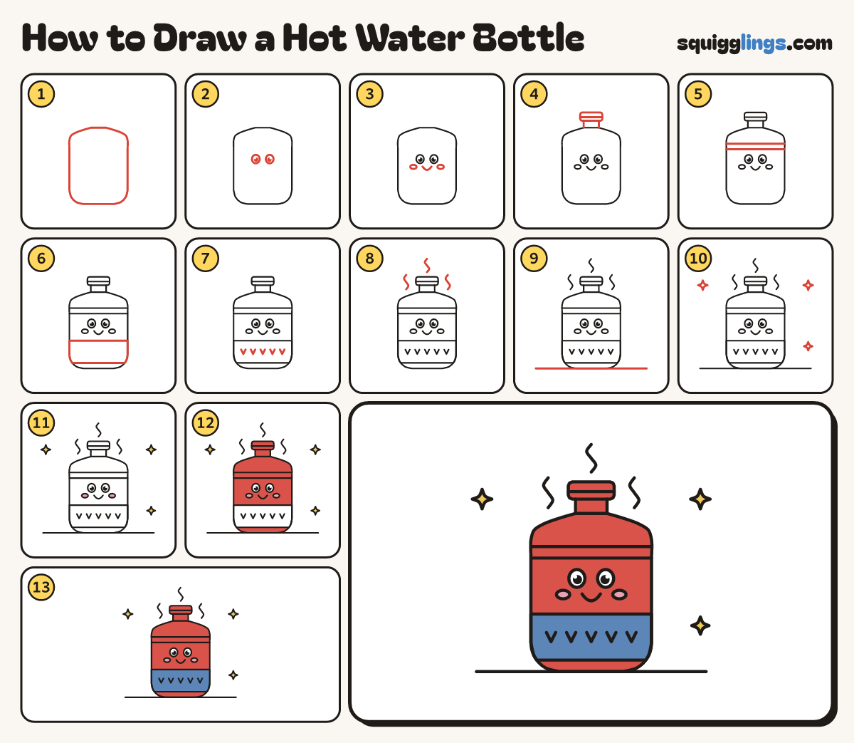 How to Draw a Hot Water Bottle step by step: all 13 steps in one picture