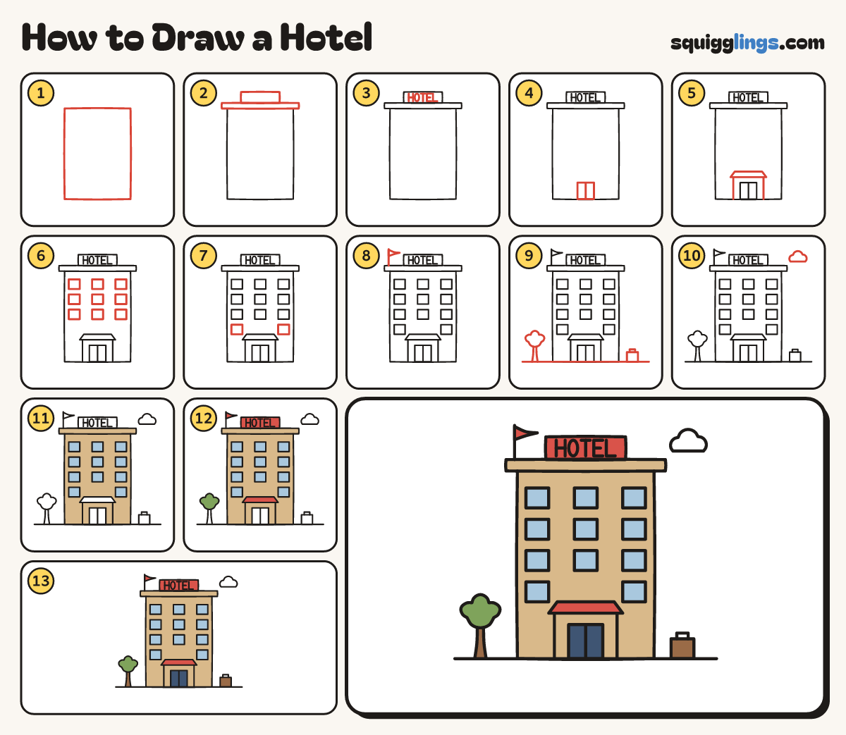 How to Draw a Hotel step by step: all 13 steps in one picture