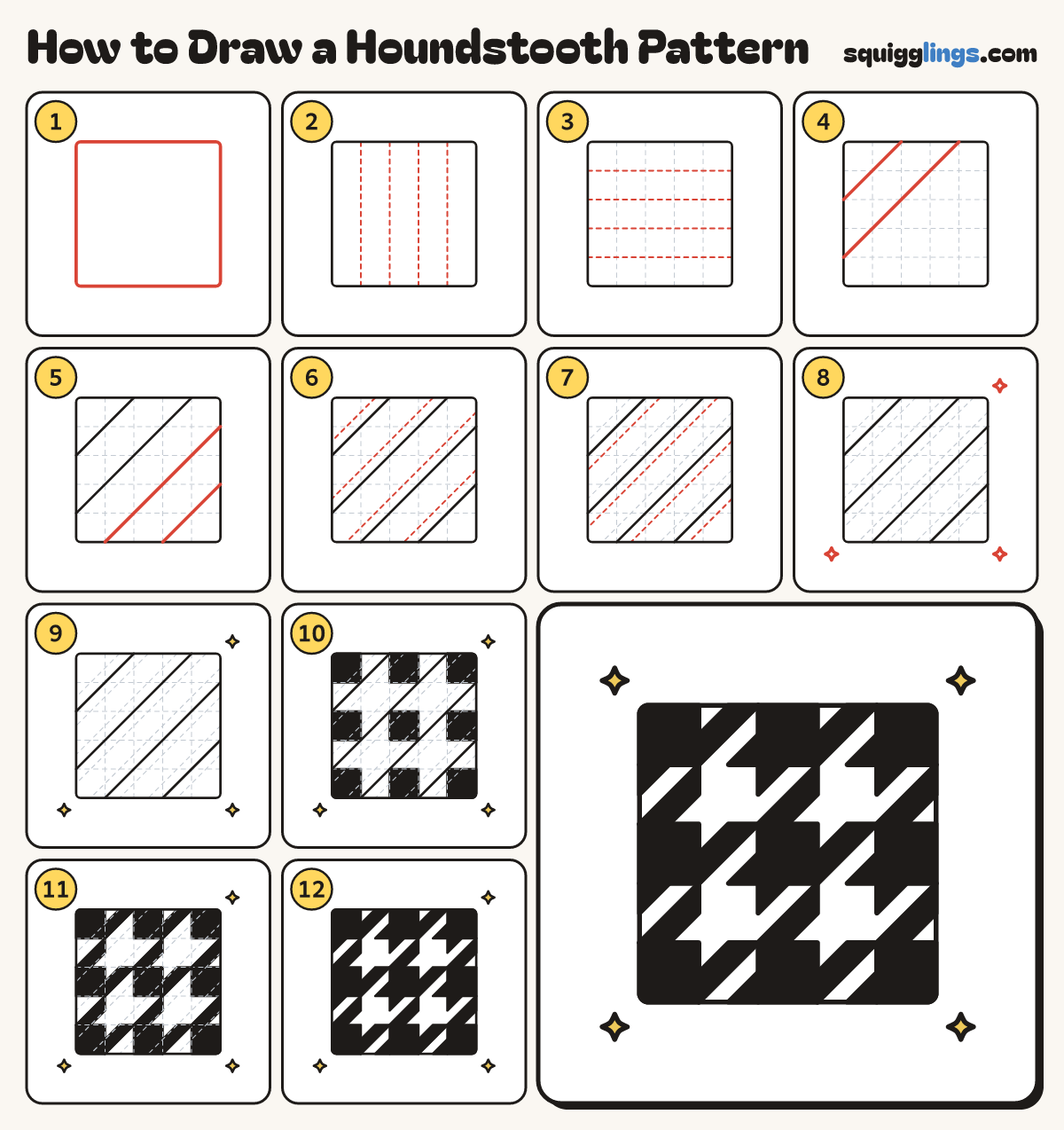 How to Draw a Houndstooth Pattern step by step: all 12 steps in one picture