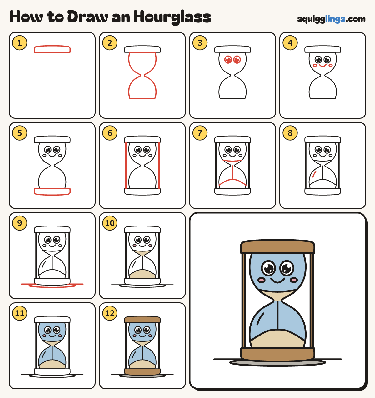 How to Draw an Hourglass step by step: all 12 steps in one picture