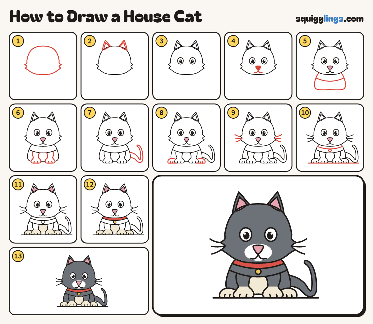 How to Draw a House Cat step by step: all 13 steps in one picture