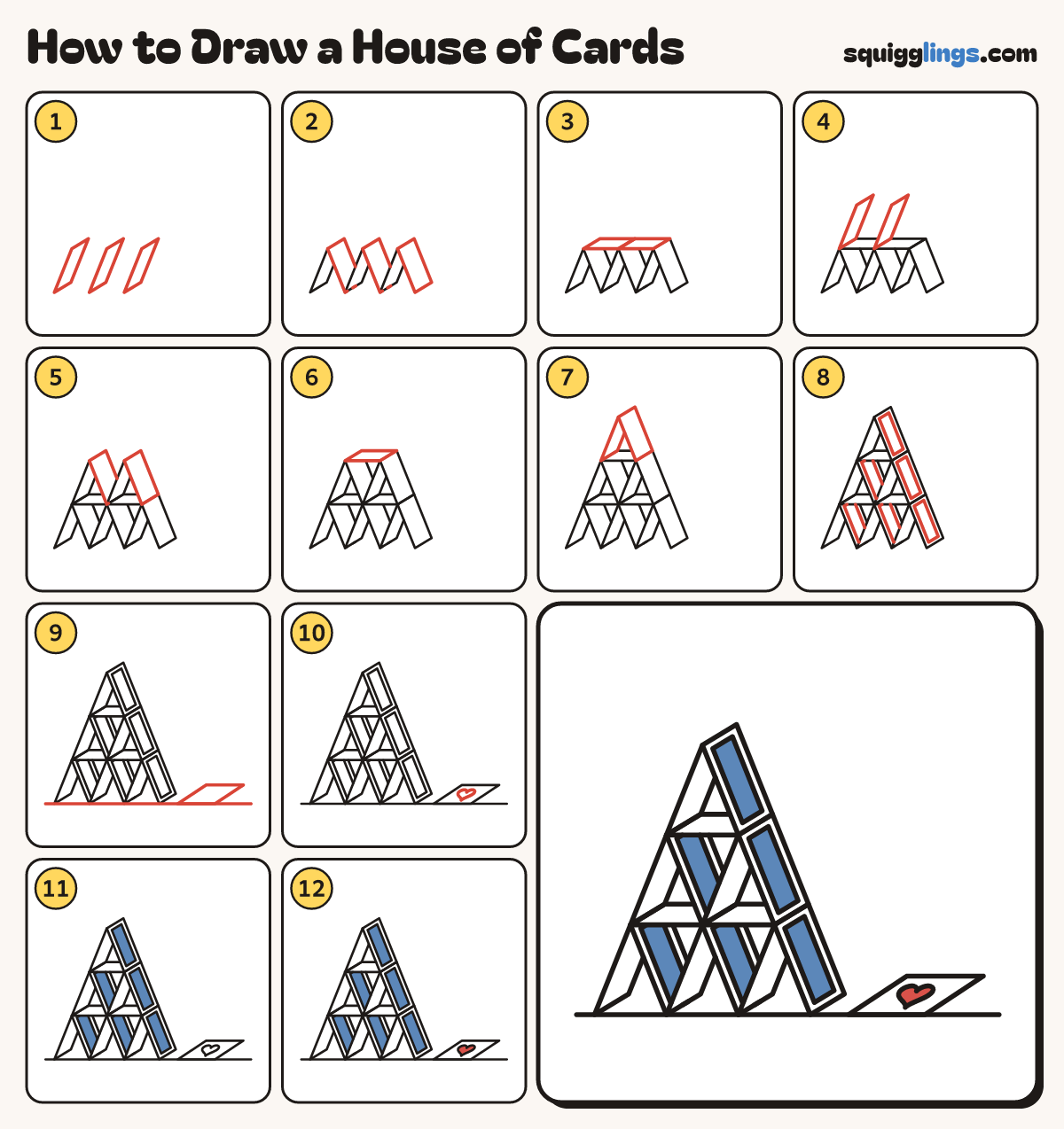 How to Draw a House of Cards step by step: all 12 steps in one picture