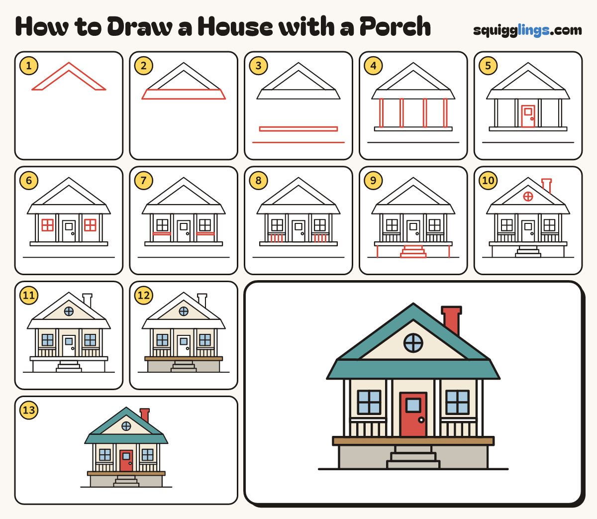 How to Draw a House with a Porch step by step: all 13 steps in one picture