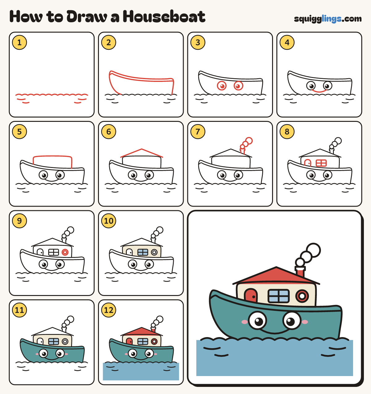 How to Draw a Houseboat step by step: all 12 steps in one picture