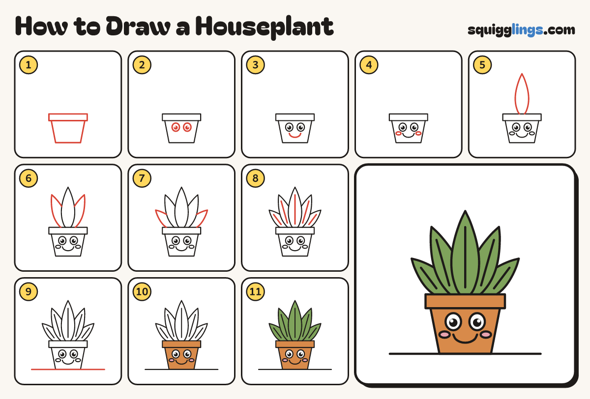 How to Draw a Houseplant step by step: all 11 steps in one picture