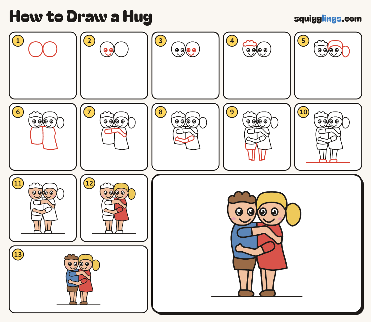 How to Draw a Hug step by step: all 13 steps in one picture