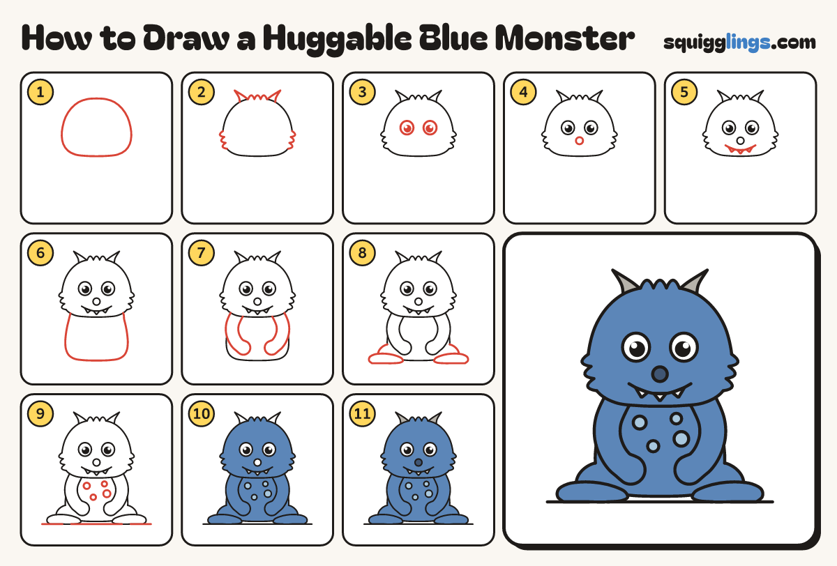 How to Draw a Huggable Blue Monster step by step: all 11 steps in one picture
