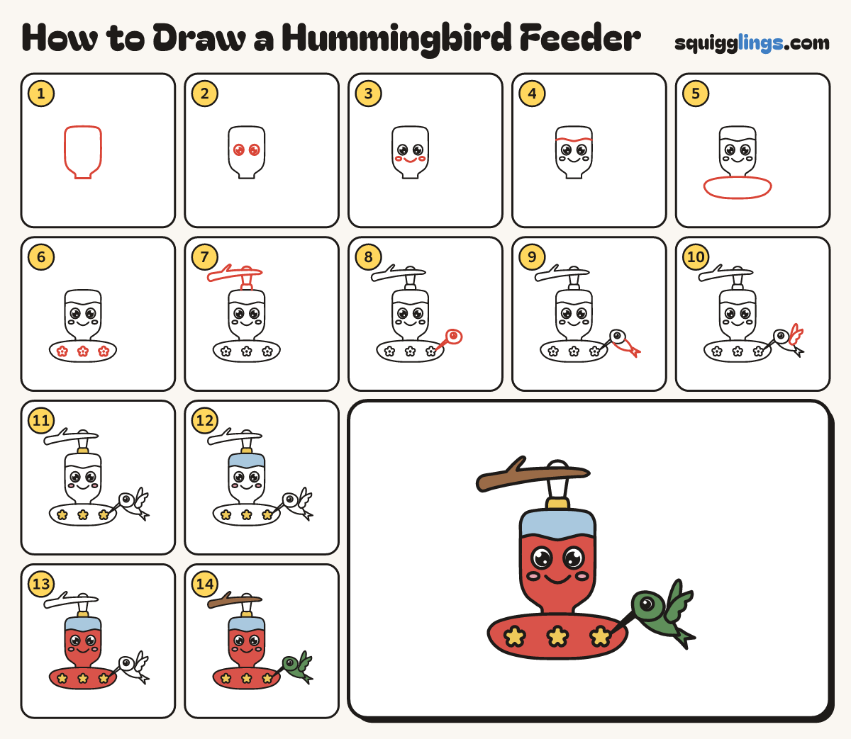 How to Draw a Hummingbird Feeder step by step: all 14 steps in one picture