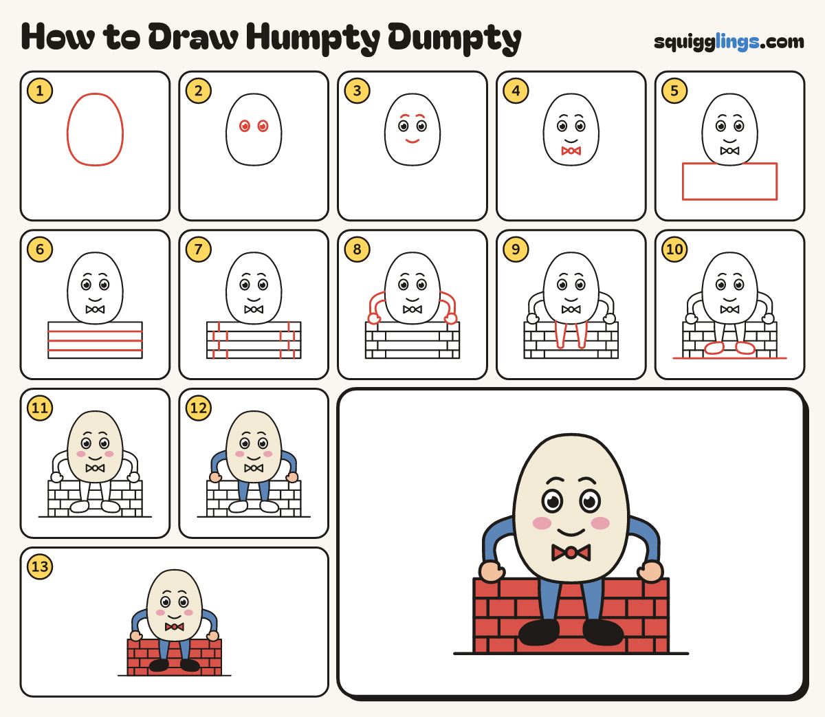 How to Draw Humpty Dumpty step by step: all 13 steps in one picture