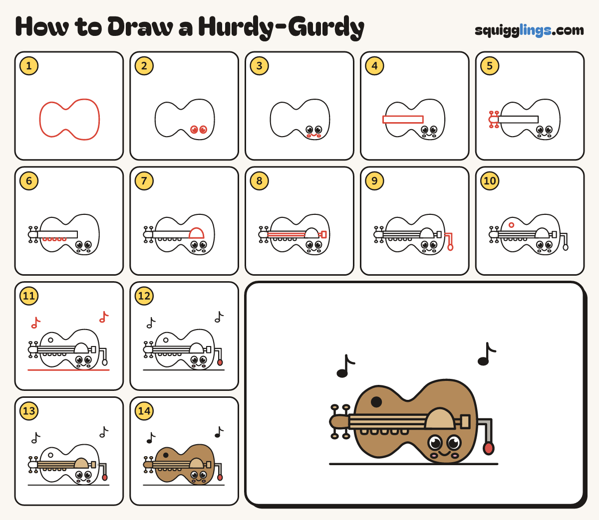 How to Draw a Hurdy-Gurdy step by step: all 14 steps in one picture