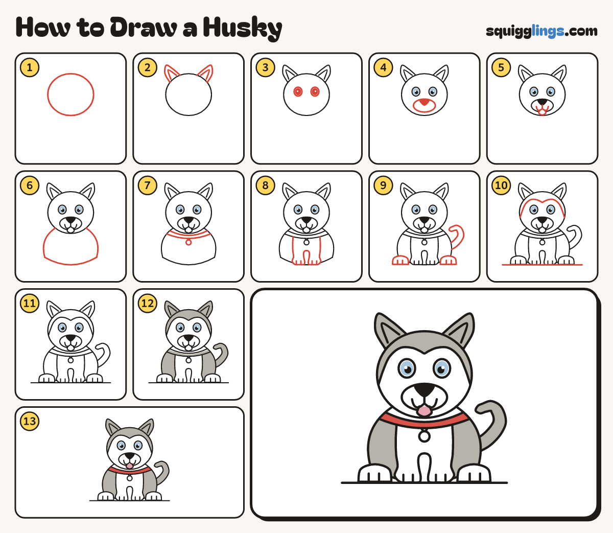 How to Draw a Husky step by step: all 13 steps in one picture