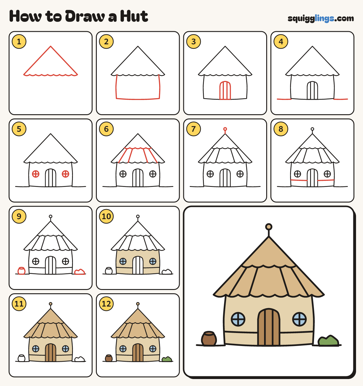 How to Draw a Hut step by step: all 12 steps in one picture