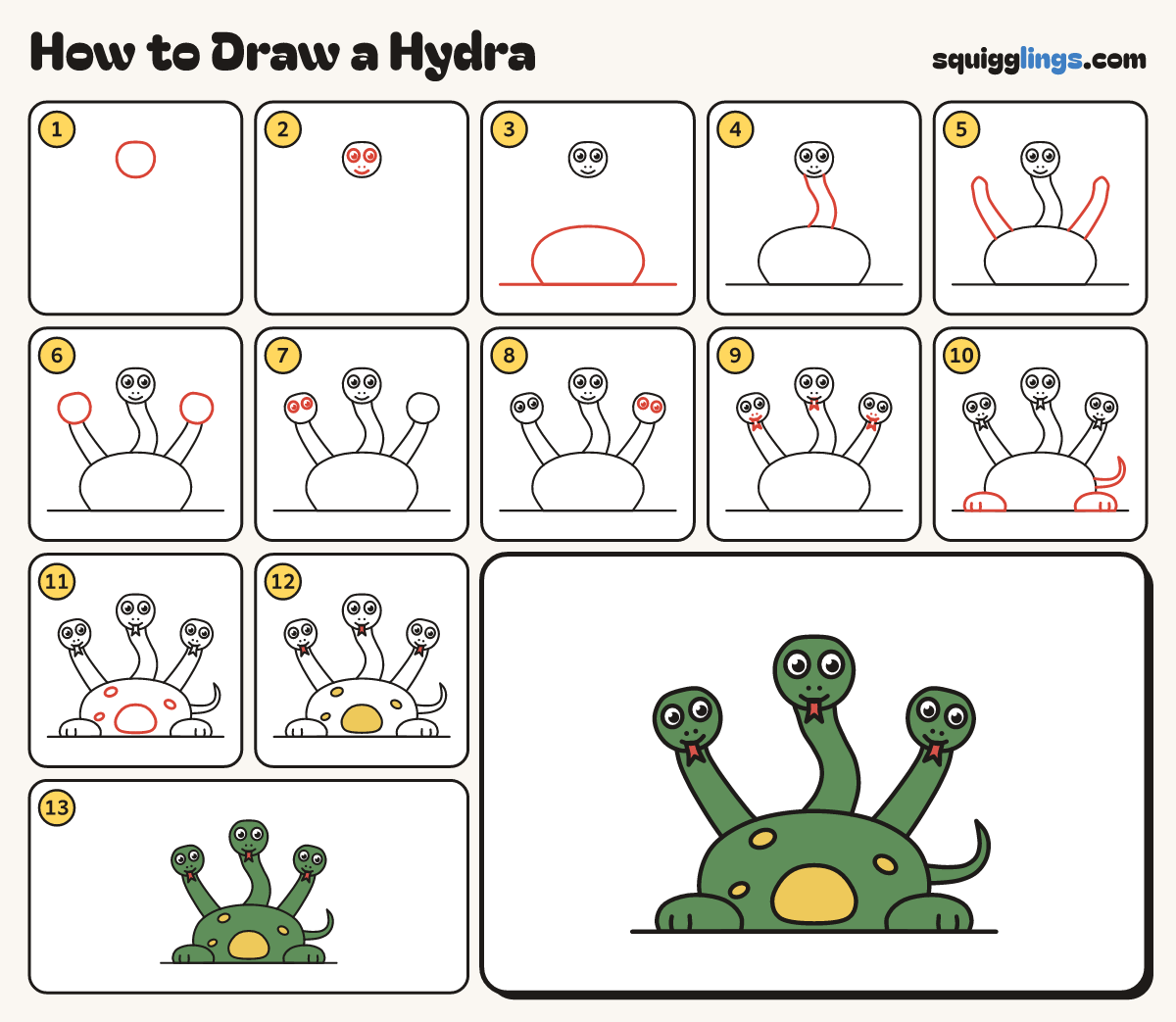How to Draw a Hydra step by step: all 13 steps in one picture