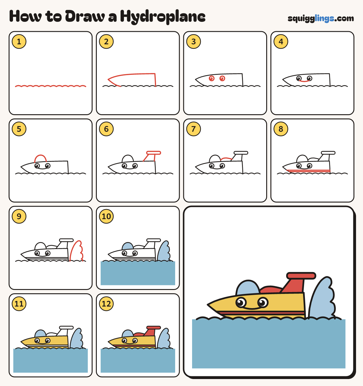 How to Draw a Hydroplane step by step: all 12 steps in one picture