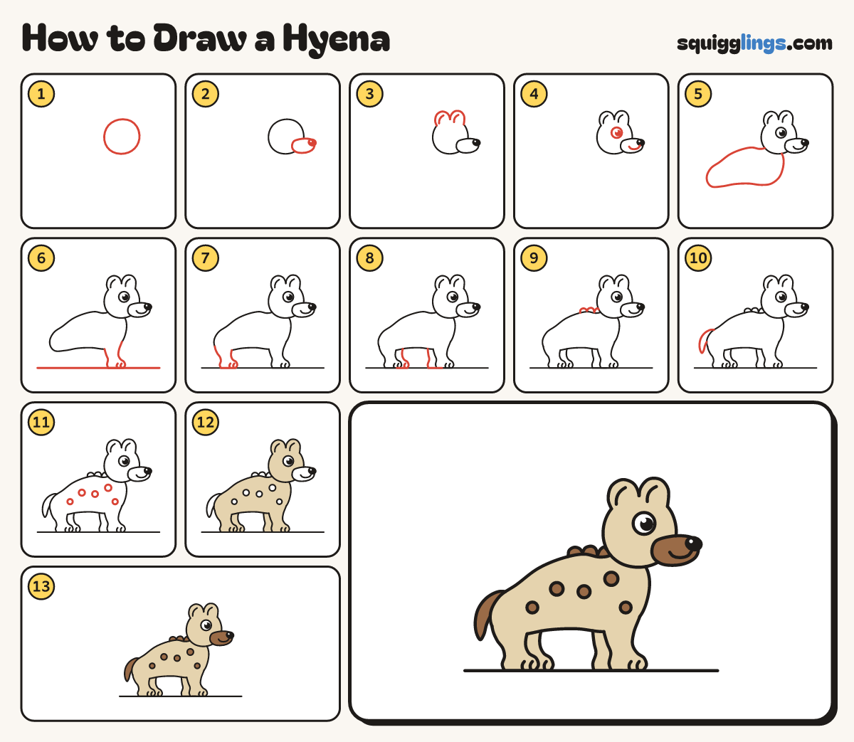 How to Draw a Hyena step by step: all 13 steps in one picture