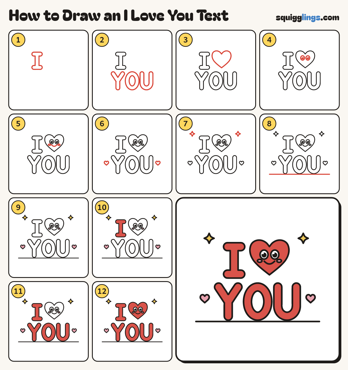 How to Draw an I Love You Text step by step: all 12 steps in one picture