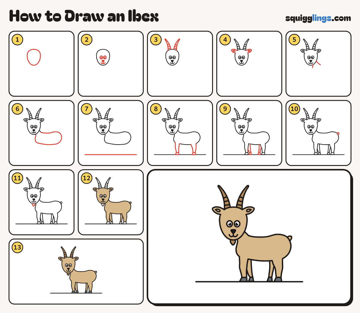 How to Draw an Ibex step by step: all 13 steps in one picture