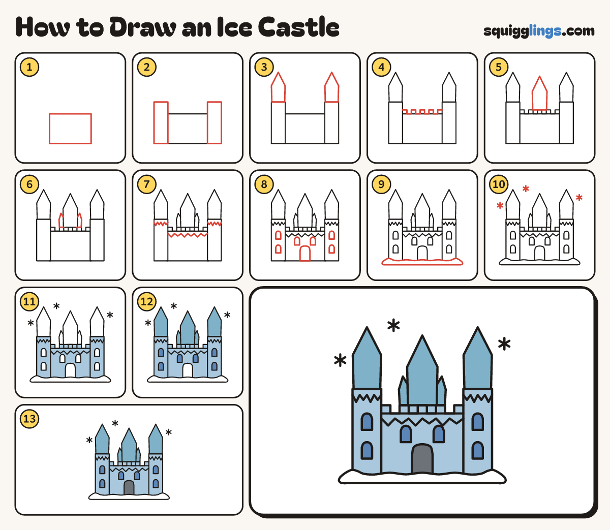 How to Draw an Ice Castle step by step: all 13 steps in one picture
