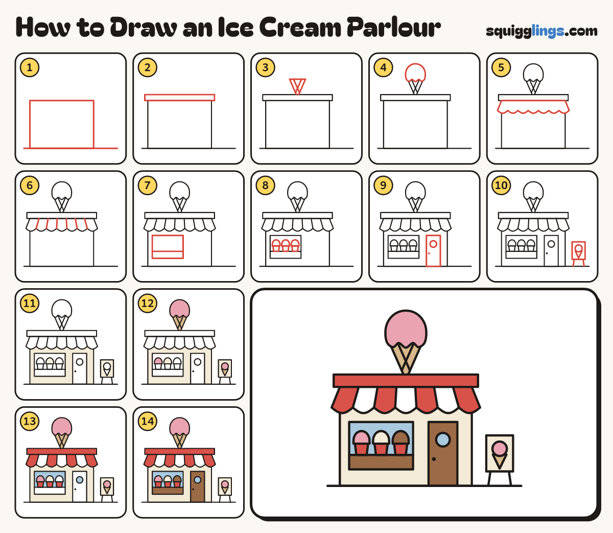 How to Draw an Ice Cream Parlour step by step: all 14 steps in one picture