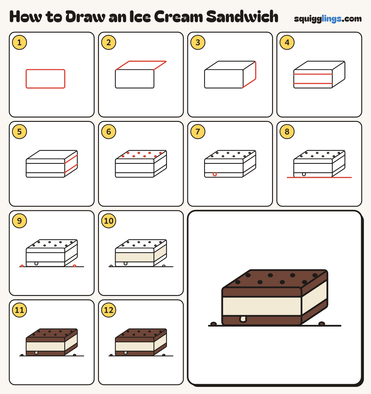 How to Draw an Ice Cream Sandwich step by step: all 12 steps in one picture