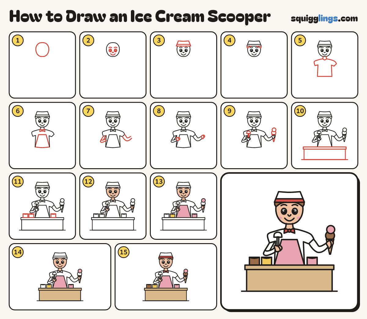 How to Draw an Ice Cream Scooper step by step: all 15 steps in one picture
