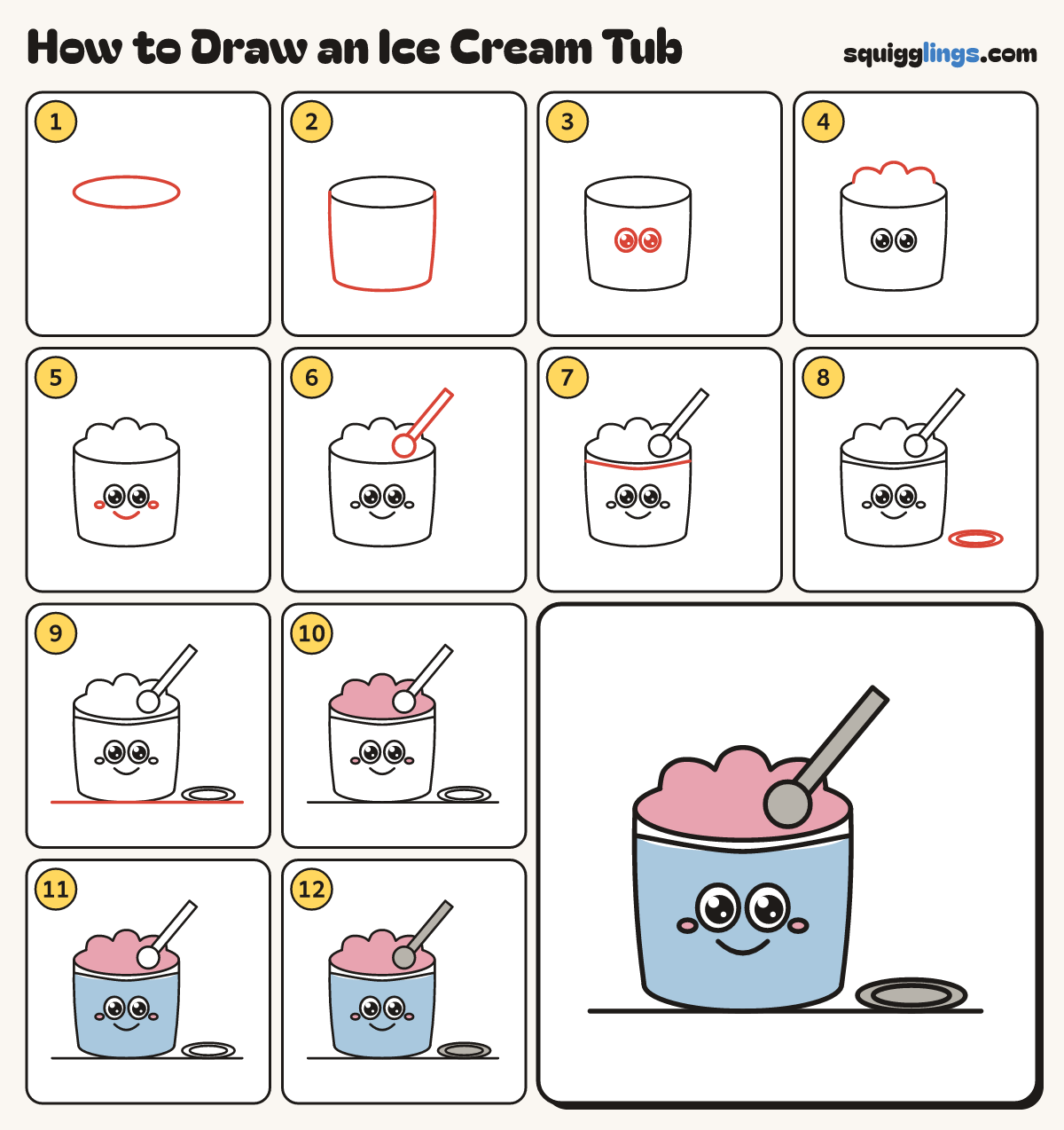 How to Draw an Ice Cream Tub step by step: all 12 steps in one picture
