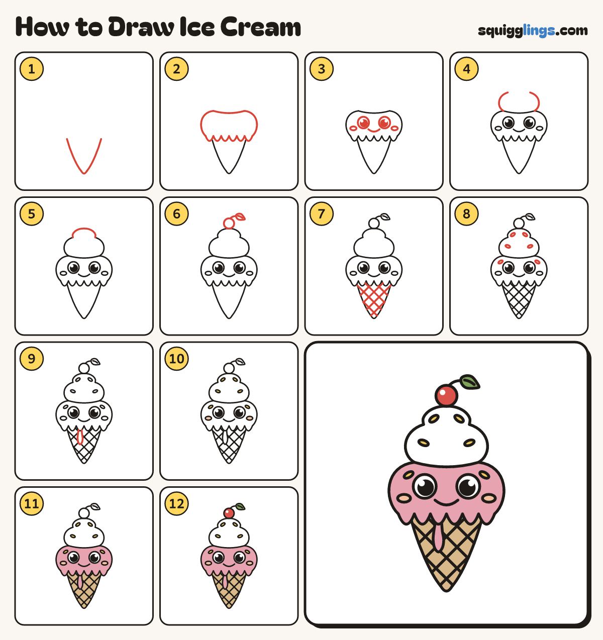How to Draw Ice Cream step by step: all 12 steps in one picture