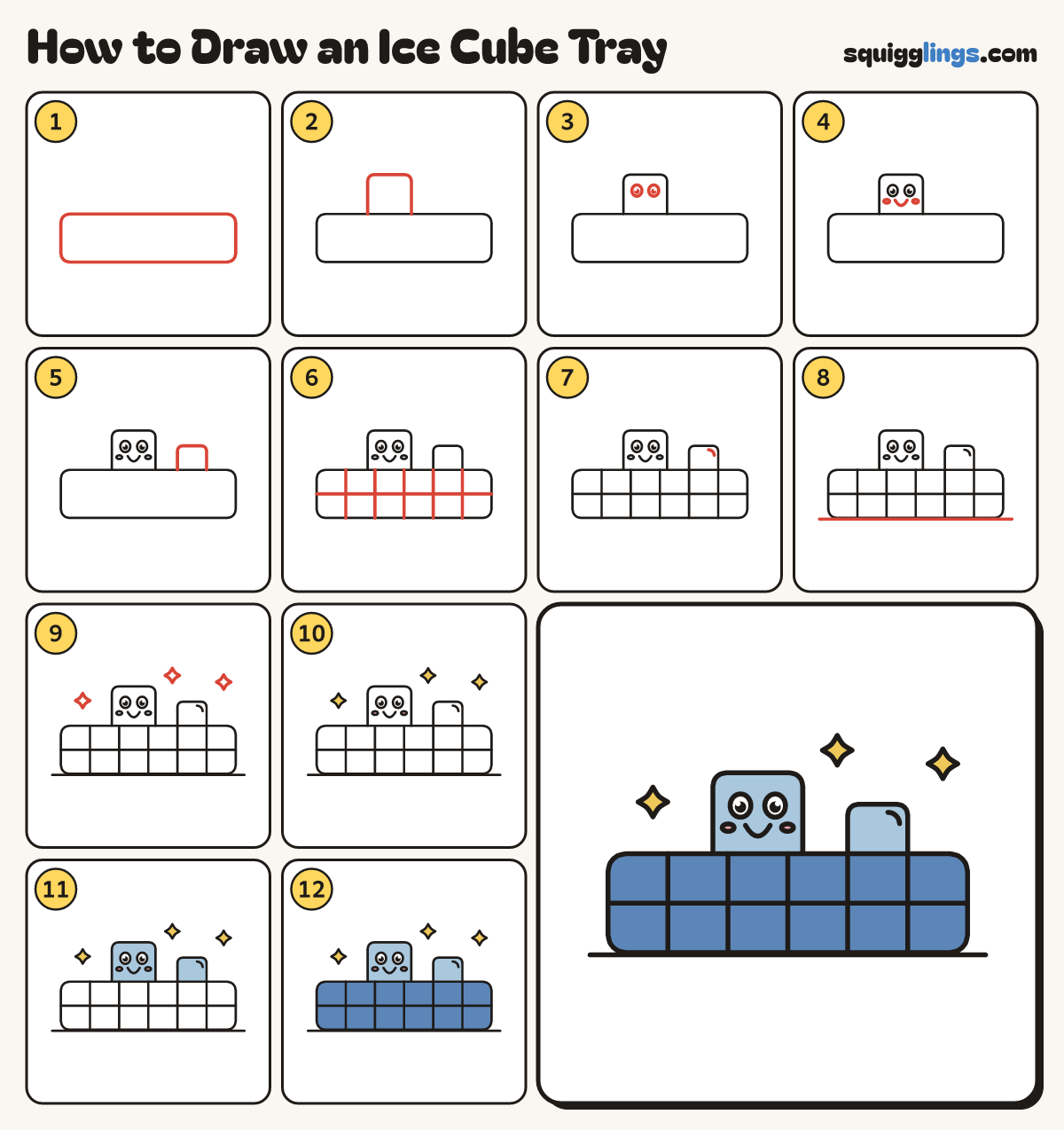How to Draw an Ice Cube Tray step by step: all 12 steps in one picture