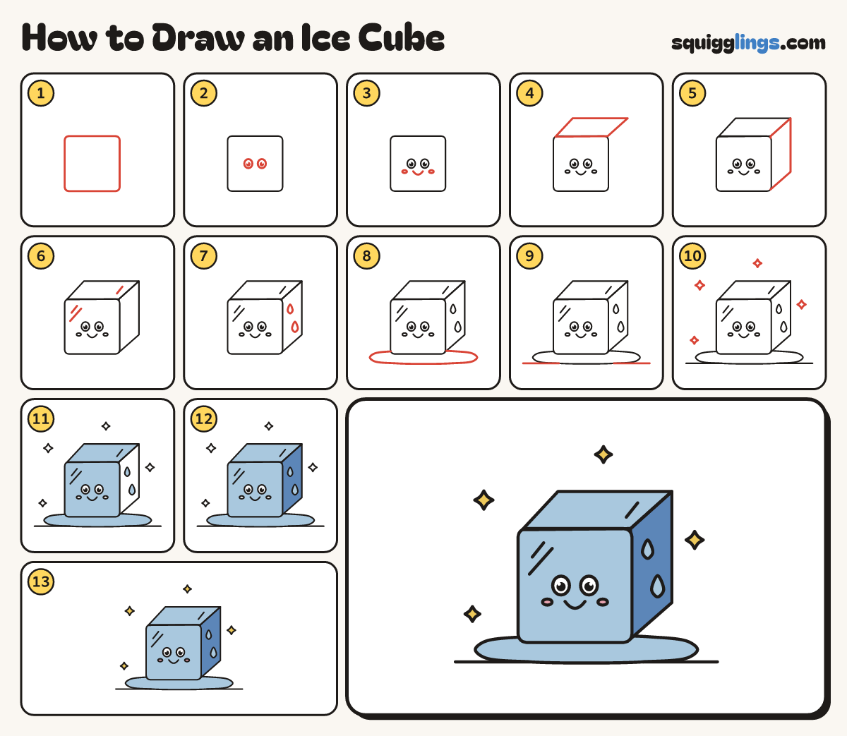 How to Draw an Ice Cube step by step: all 13 steps in one picture