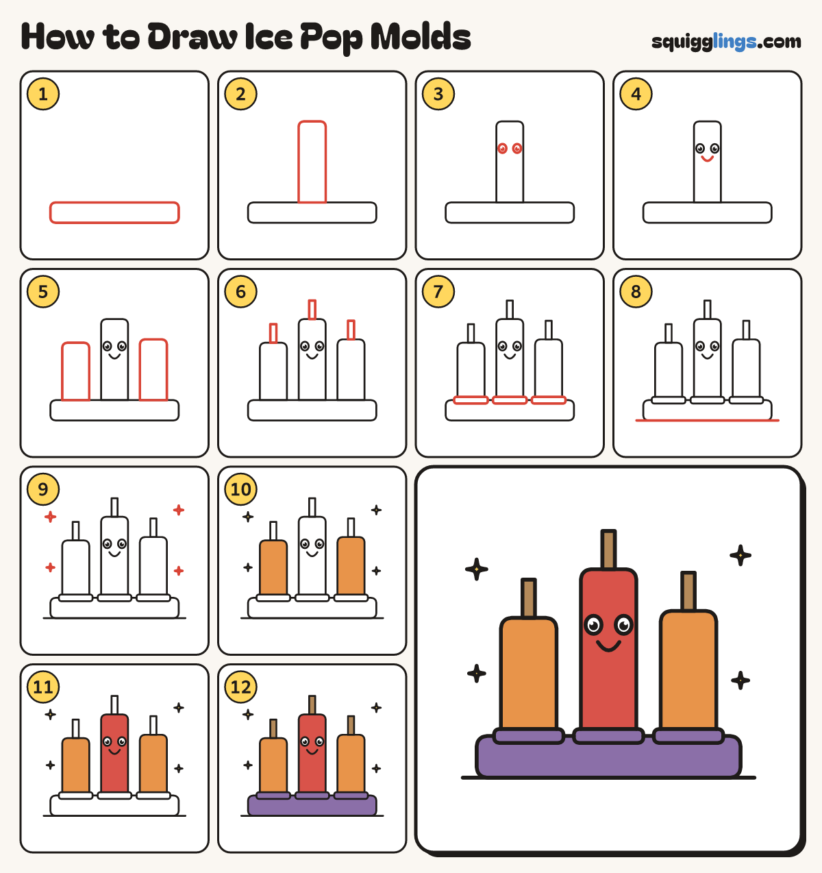 How to Draw Ice Pop Molds step by step: all 12 steps in one picture