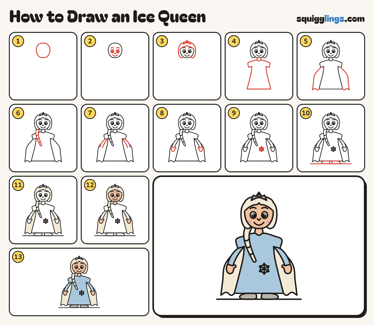 How to Draw an Ice Queen step by step: all 13 steps in one picture
